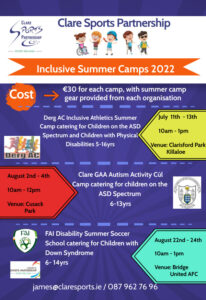 Multi colored poster with information about inclusive summer camps.